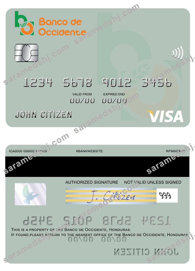 Honduras Banco de Occidente visa card